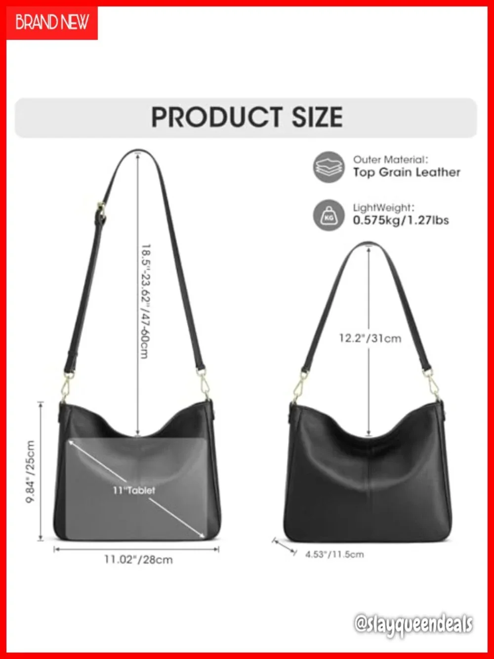 Genuine Leather Hobo Crossbody Bag with 2 Straps